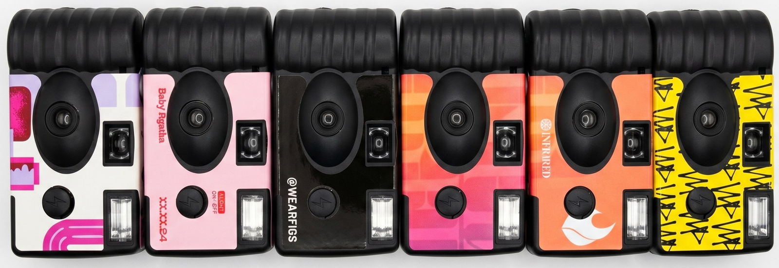 Row of custom branded Analog disposable cameras